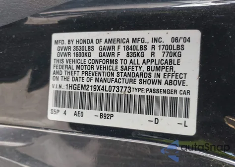 2004 Honda Civic Ex z USA, uszkodzony, nr VIN 1HGEM219X4L073773